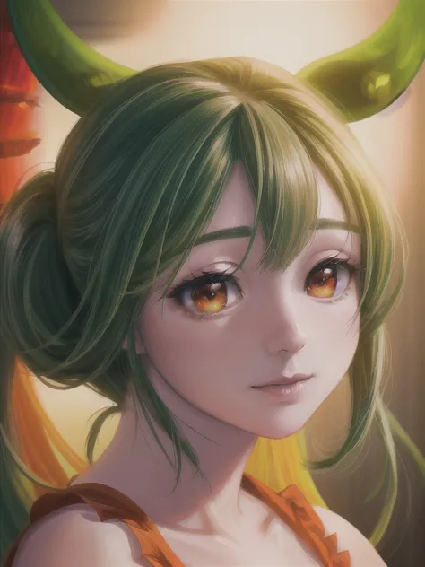 a beautiful detailed portrait of Hakurei Reimu, 1 girl, green hair, orange eyes, in a dimly lit audience chamber, extremely deta...