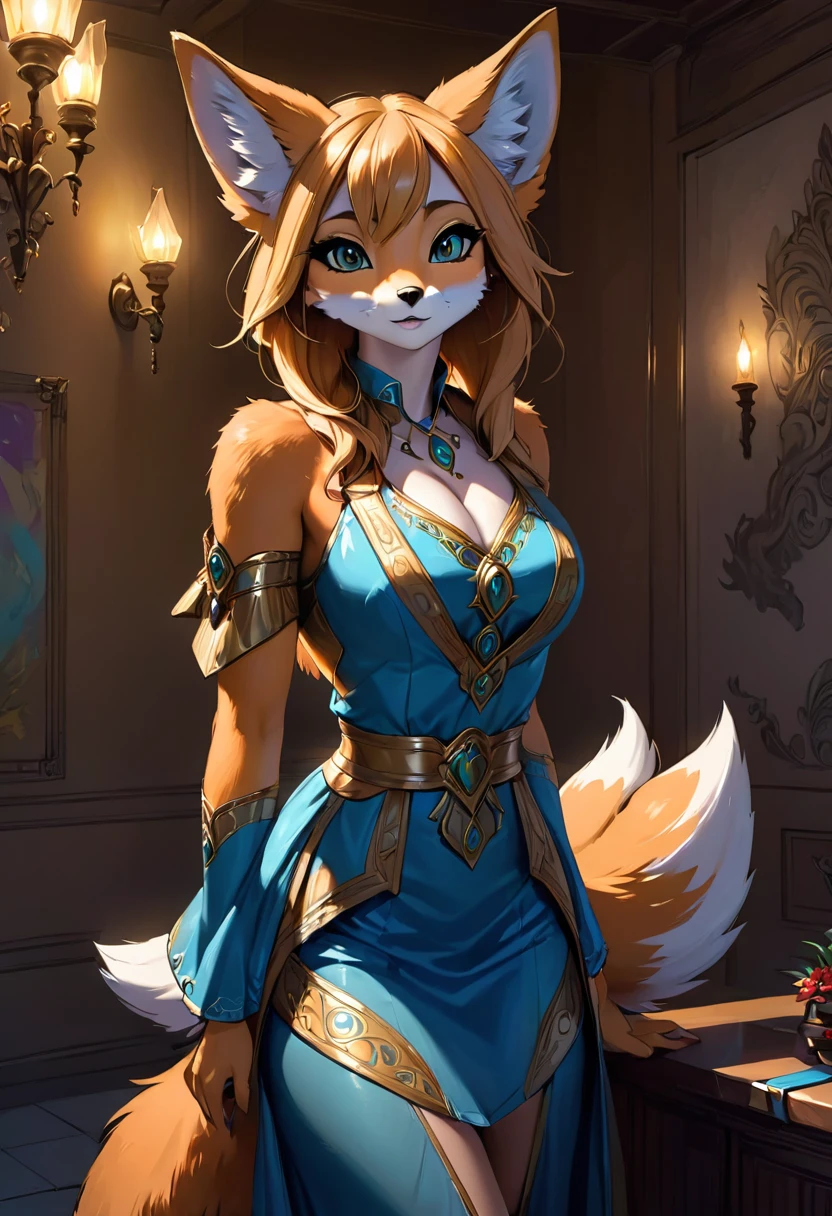 Create an illustration, Hand Painted, Full color image of an anthropomorphic fox woman. Artwork should be presented in the following styles "Breath of the Wild," With warm lighting and shadows. Graphite Shader Included, Template Tags, And airbrush acrylic paint effect. Images should be of the highest quality, A masterpiece of exquisite detail. The elephant woman should have a female, Humanoid, Furry appearance，Gold Skin. She should have full lips, A bright smile, Bright, Expressive eyes, Exudes beauty, cute, 和cute. Ensure high-resolution images with sharp details, With detailed and vivid background. Add mysterious lights in the background, Create a romantic and charming atmosphere.
