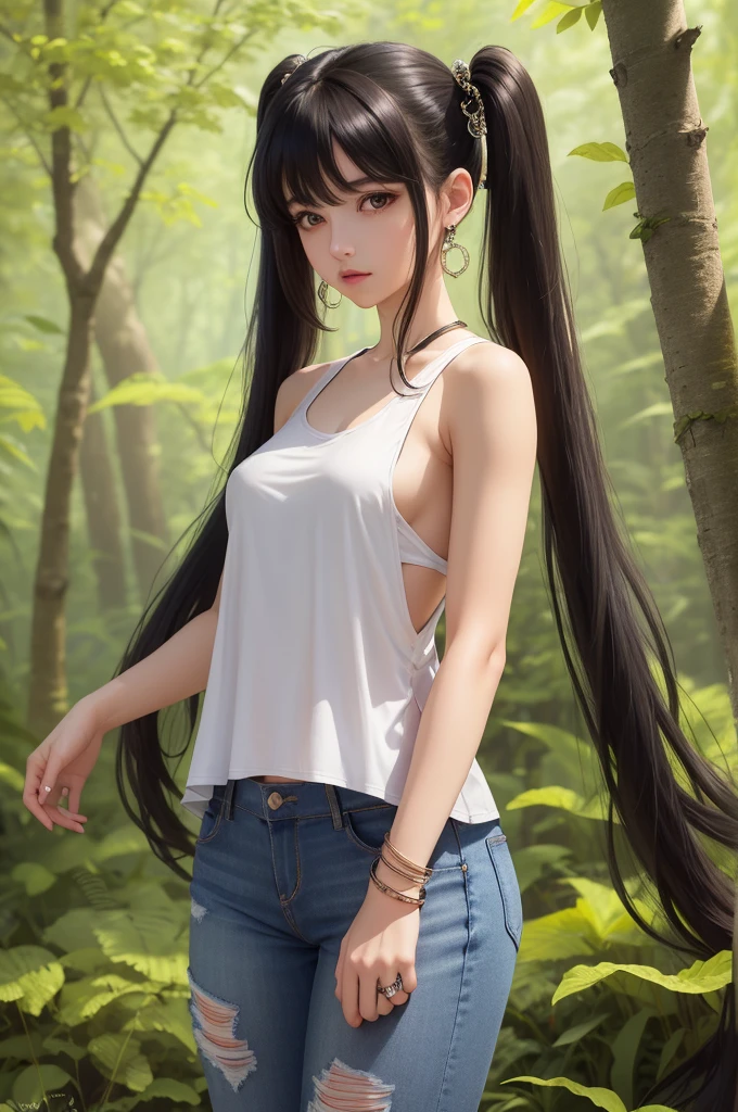 (best quality), (hyperrealistic), mh-yk, 1girl, solo, black hair, brown eyes, , long hair, chinese clothes, big ,, twintails, outdoors, hair rings, white tank top and jeans , jewelry, bangs, in the forest