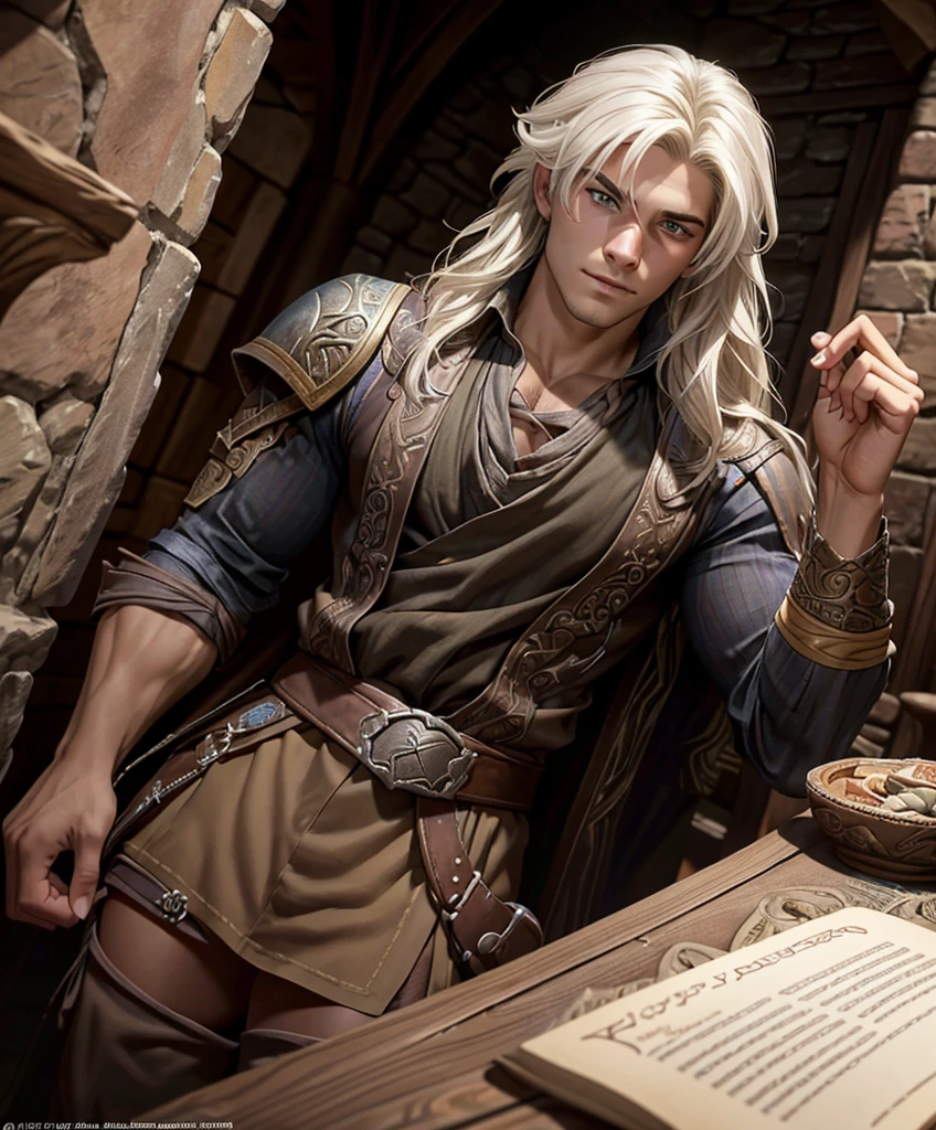 (((Luxurious white hair and sexy smirk.))) (((18 years old.))) (((18yo.))) (((Cute smirk.))) (((Single character image.))) (((1boy))) (((Looks like beefcake male fantasy character.))) (((1.))) (((18yo.))) (((Dressed in medieval fantasy attire.))) Cute guy. Hot guy.  (((Looks like Adonis.))) (((Dressed in medieval fantasy attire.))) (((Intense, sexy stare.))) (((Beautiful long sexy hair.))) Boyfriend in a fantasy setting. Looks like a fun-loving and heroic male adventurer for Dungeons & Dragons. Looks like a very attractive male adventurer for a high fantasy setting. Looks like a hot boyfriend. Looks like a handsome and rugged male adventurer for Dungeons & Dragons. Looks like a handsome male for a medieval fantasy setting. Looks like a Dungeons & Dragons adventurer, very cool and masculine hair style, black clothing, handsome, charming smile, adventurer, athletic build, excellent physique, confident, gorgeous face, gorgeous body,  detailed and intricate, fantasy setting,fantasy art, dungeons & dragons, fantasy adventurer, fantasy NPC, attractive male in his mid 20's, ultra detailed, epic masterpiece, ultra detailed, intricate details, digital art, unreal engine, 8k, ultra HD, centered image award winning, fantasy art concept, digital art, centered image, flirting with viewer, best quality:1.0,hyperealistic:1.0,photorealistic:1.0,madly detailed CG unity 8k wallpaper:1.0,masterpiece:1.3,madly detailed photo:1.2, hyper-realistic lifelike texture:1.4, picture-perfect:1.0,8k, HQ,best quality:1.0,

 best quality:1.0,hyperealistic:1.0,photorealistic:1.0,madly detailed CG unity 8k wallpaper:1.0,masterpiece:1.3,madly detailed photo:1.2, hyper-realistic lifelike texture:1.4, picture-perfect:1.0,8k, HQ,best quality:1.0,


