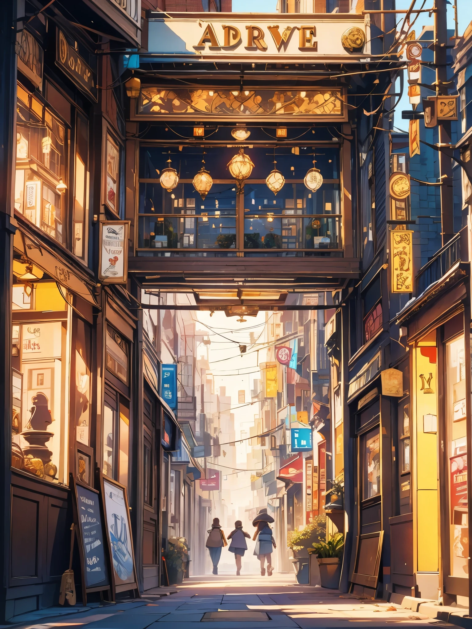 Imaginez que vous regardez un magasin vintage, avec une vitrine pleine d&#39;antiquités et de curiosités. L&#39;enseigne art déco ajoute une touche d&#39;élégance à l&#39;espace. En face de la boutique, un vieux vélo appuyé contre un mur de briques, évoquant des souvenirs d&#39;aventures passées. Les feuilles mortes des arbres créent un tapis doré au sol, pendant qu&#39;un chien joueur court après un ballon dans la rue.