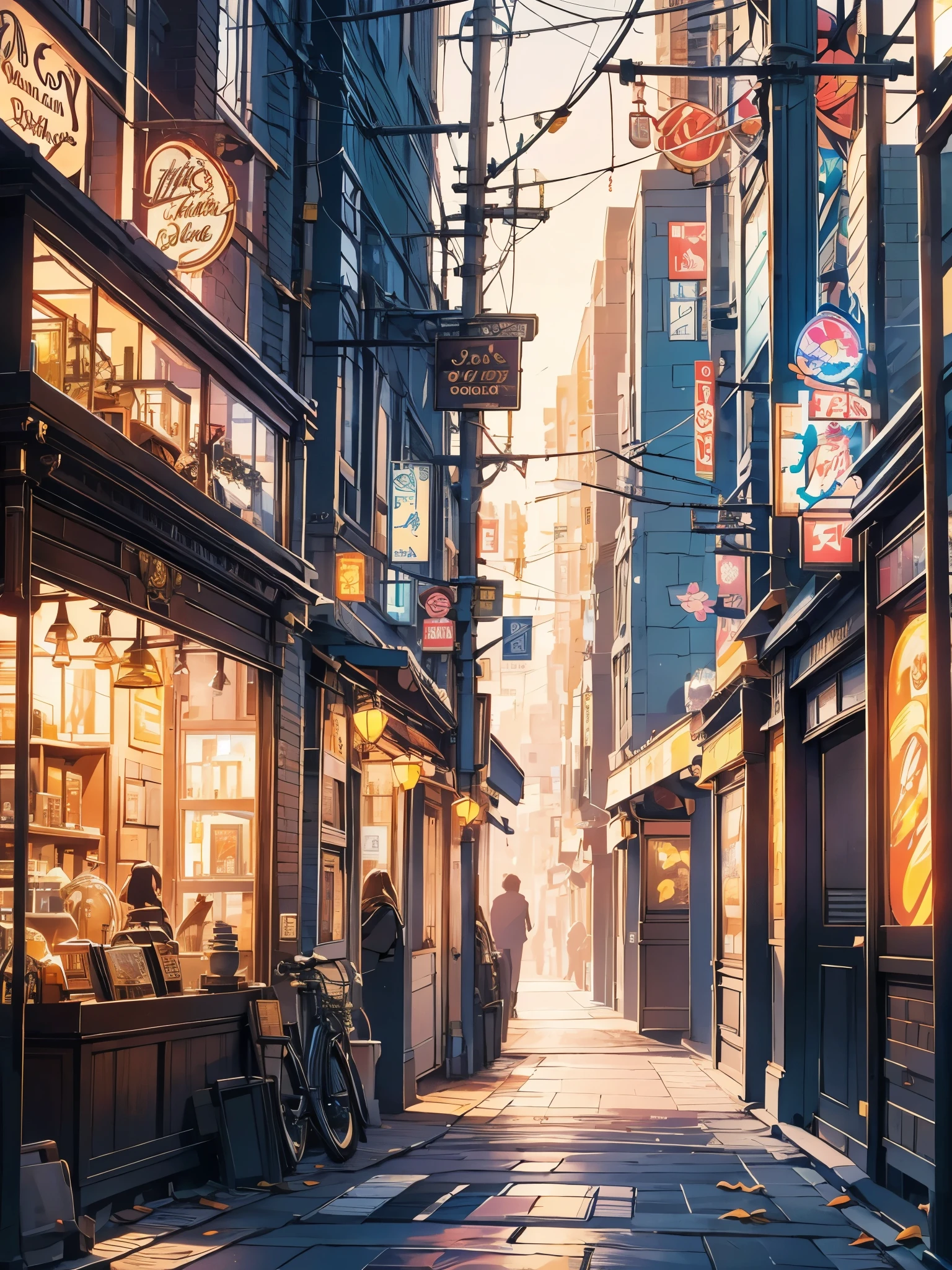 Imaginez que vous regardez un magasin vintage, avec une vitrine pleine d&#39;antiquités et de curiosités. L&#39;enseigne art déco ajoute une touche d&#39;élégance à l&#39;espace. En face de la boutique, un vieux vélo appuyé contre un mur de briques, évoquant des souvenirs d&#39;aventures passées. Les feuilles mortes des arbres créent un tapis doré au sol, pendant qu&#39;un chien joueur court après un ballon dans la rue.