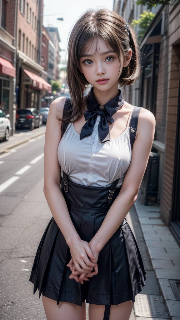 ((A beautiful girl wearing suspenders to accentuate her breasts)), (Cute school girl, 15 years old, Baby-faced girl:1.5, Idol Face:1.2), (Cute outfits:1.3), Short Hair, Small beautiful breasts, Slender body line, Ultimate Beauty, ((Detailed eyes and face:1.2, Professional photography techniques)), Beautiful eyes wide open, Captivating Lips, Sexy look, (Highest quality, 8K, masterpiece:1.2, RAW Photos), (Photorealism:1.4), (Detailed hands and arms), (Delicate and beautiful hands of a girl:1.2), (Perfect Anatomy:1.2)