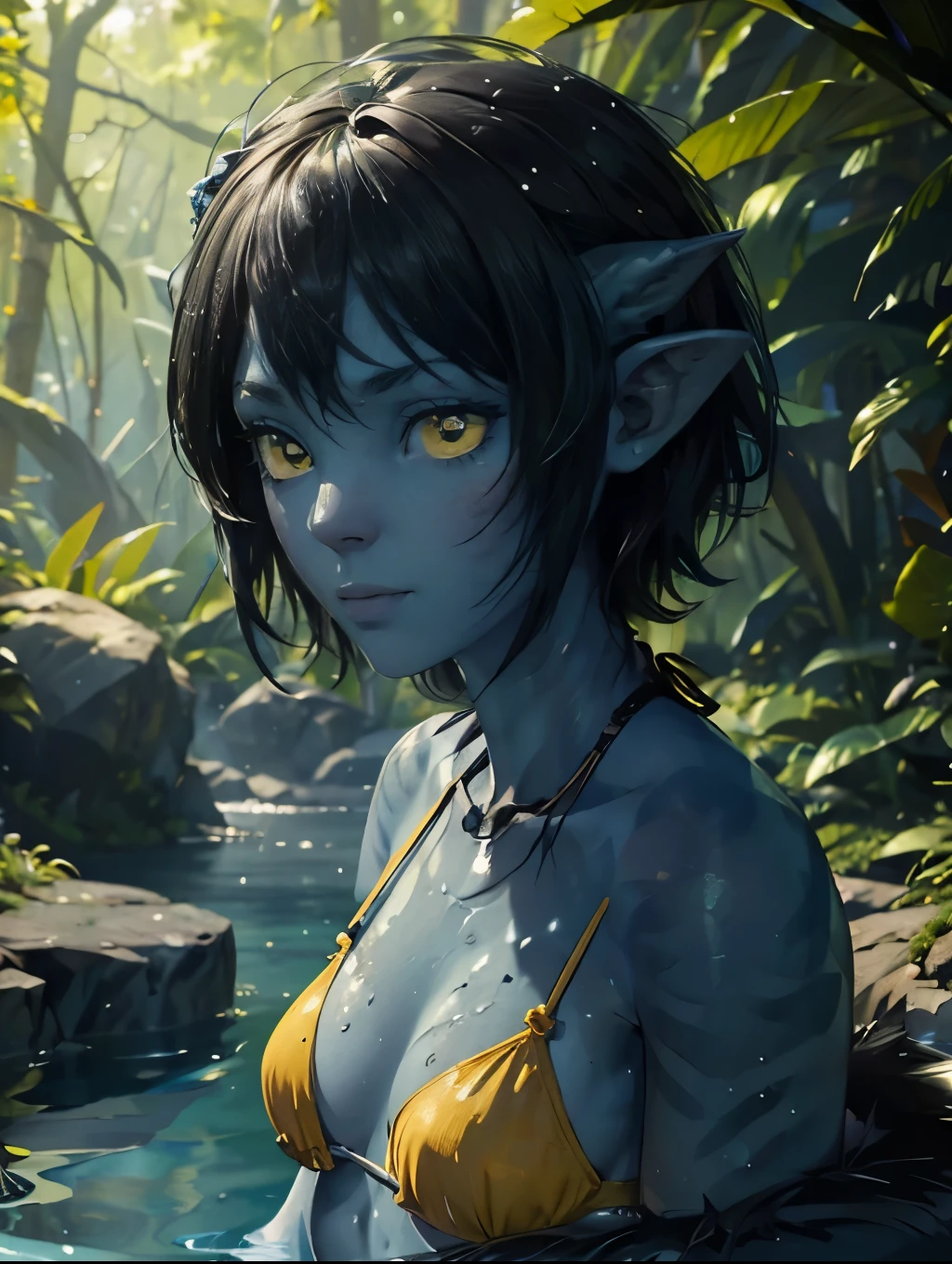 ((ultra detailed, Masterpiece, absurdities))
 Water purchase, 1 girl, blue skin, yellow eyes, black fur, short hair, portrait, small breasts, In the woods, Bikini. 