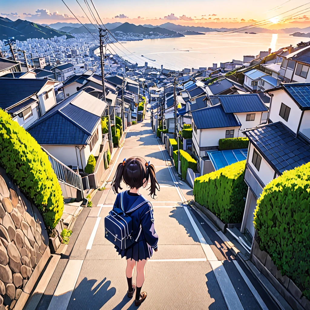 (best quality, ultra detailed, masterpiece:1.4), HD,
1girl, standing, gentle smile, 15yo,
(low twintails:1.4), low pigtails, black hair, long hair,
(navy blue sailor suit with blue ribbon:1.2), long sleeves, 
BREAK 
(dark brown eyes), (school bag on right shoulder), from front, from little above, alone, 
BREAK 
(sloped road, downhill, single street), Japan modern streets, prefectural road, residential area,
looking down the slope,
electric pole, electric cable, hill city,
cityscape, sea in the distance, nice view, afternoon, blue sky, orange sky, 
anime, high brightness,