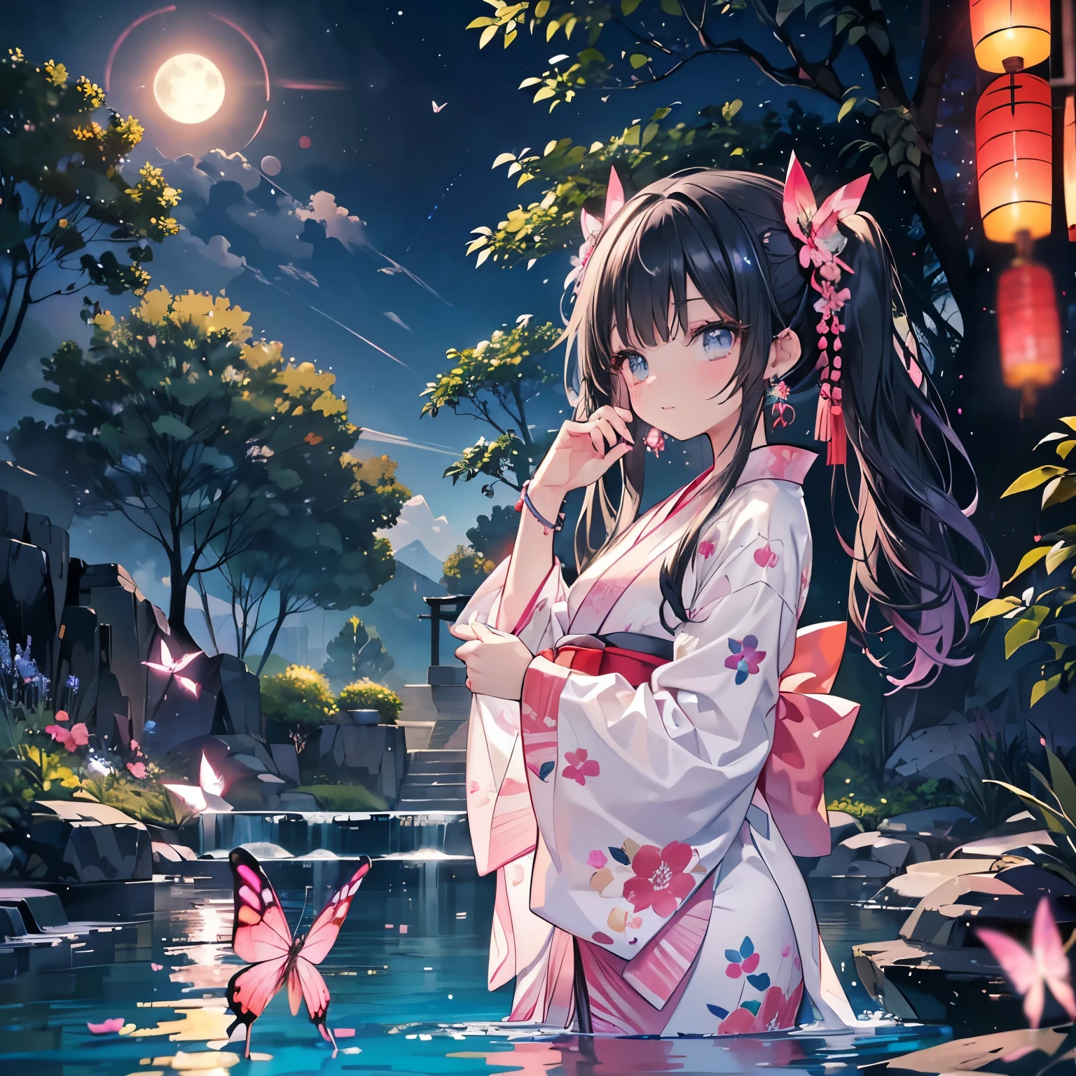 looking back at the viewer,
low angle,from below,(beautiful pink and green butterflies and dragonflies all over the place),colorful flowers,fantasy beams and lights,
((masterpiece:1.4, best quality)), ((masterpiece, best quality)),((beautiful twin tail black hair,beautiful cobalt blue eyes,little cute   girl)),((sexy colorful japanese yukata mini dress)),full body, bathing in the water,(beautiful outside open spa),(water splash,lovely laugh), (Lace chalker, wristband, diamond necklace,earrings),cinematic lighting and pause,beautiful natural mysterious park,night sky,full moon,(beautiful pink and red butterflies and dragonflies all over the place),