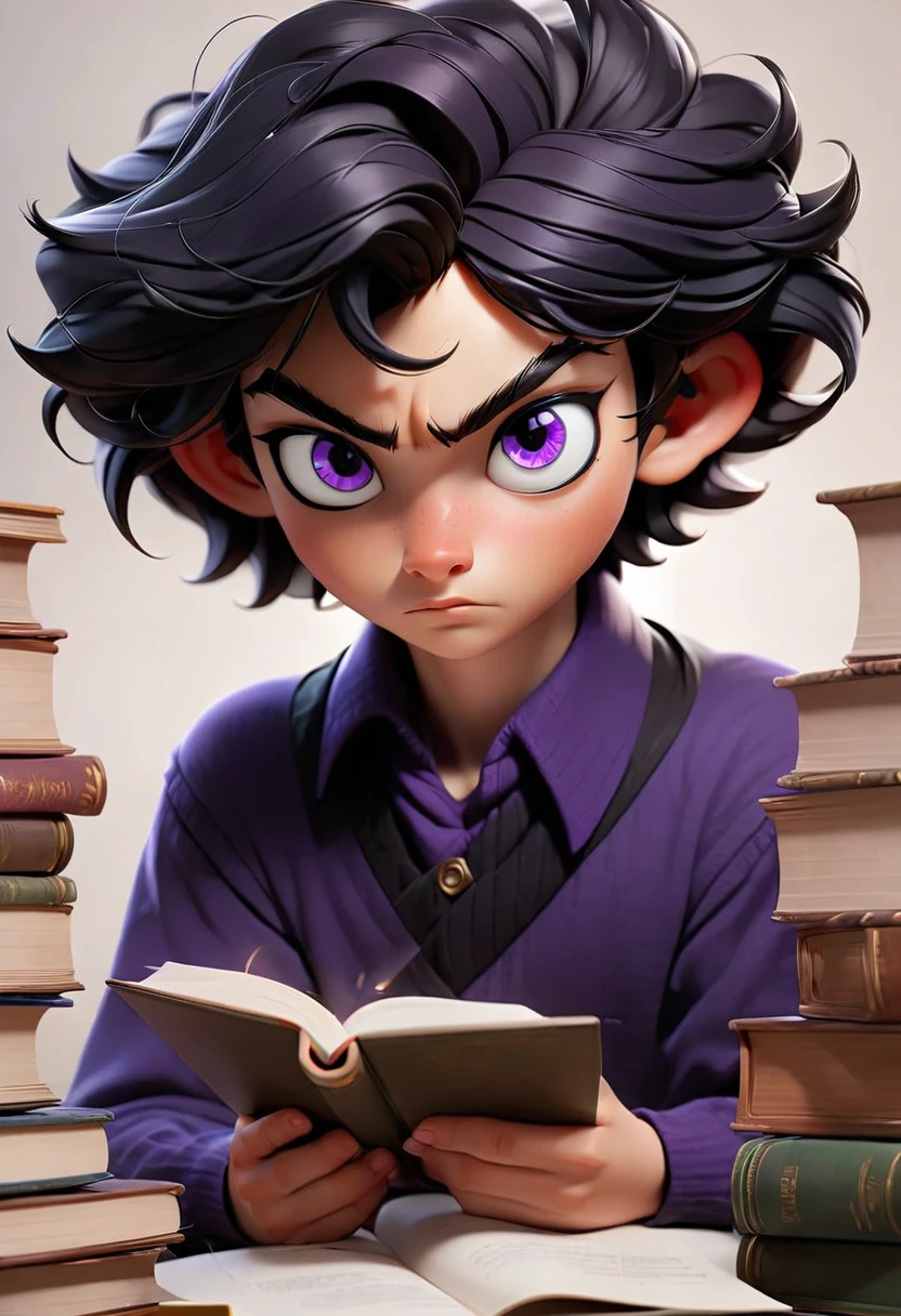 一名年轻人 , 有着紫色的眼睛和深黑色的头发, 正在认真学习.