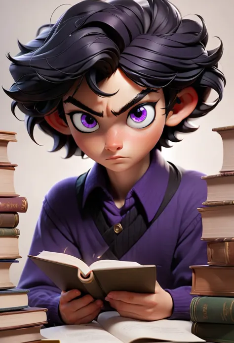 a young man in a , with purple eyes and dark black hair, was studying seriously.