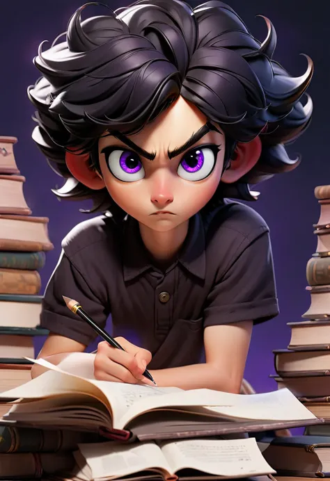 A young man in a , with purple eyes and dark black hair, was studying seriously.