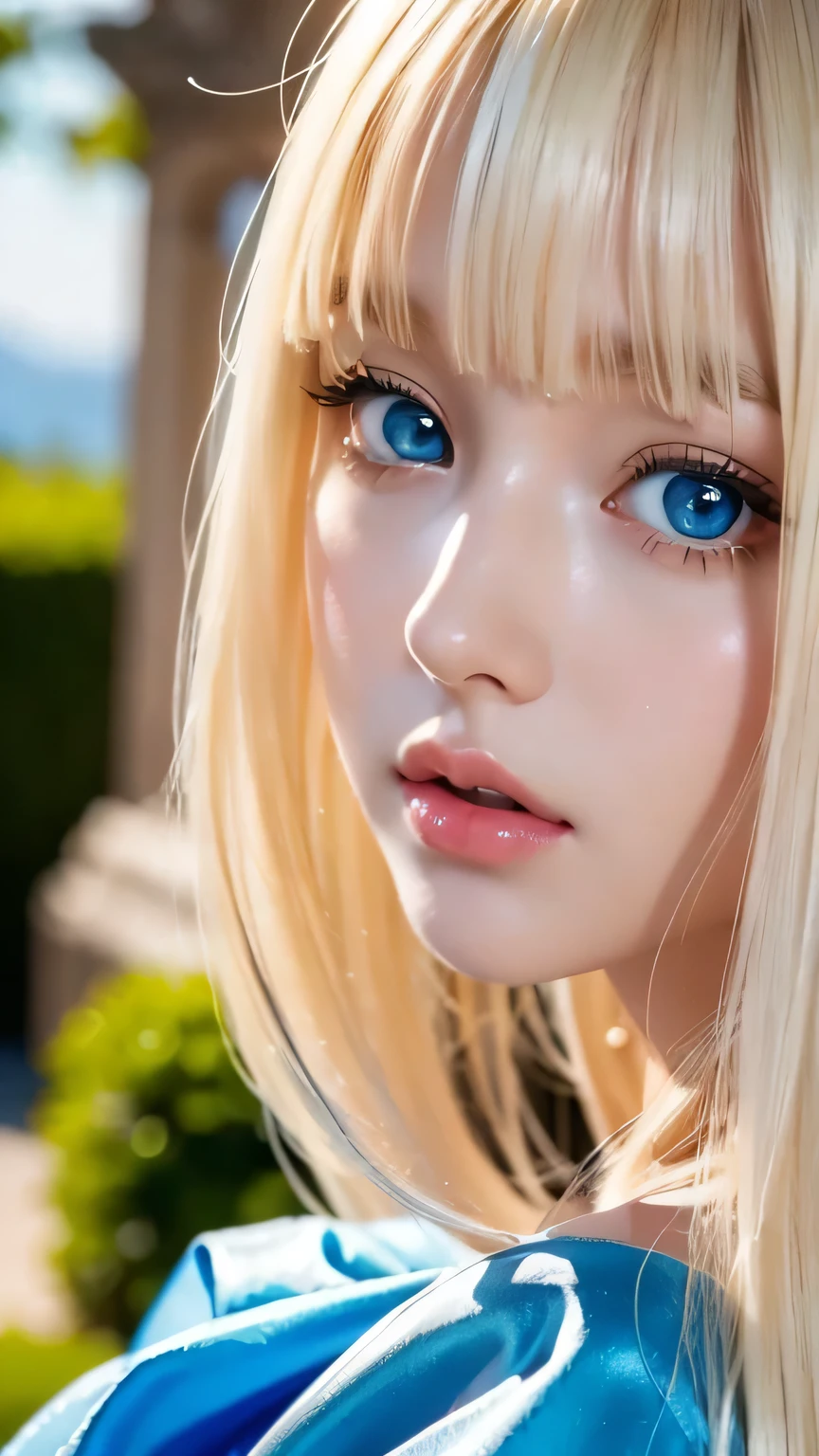 (Close-up:1.4)、(RAW shooting:1.2)、(Photorealistic:1.4)、(masterpiece:1.3)、(Highest quality:1.4)、Bright expression、very beautiful blonde girl、Extraordinary blonde beauty、Detailed cute and beautiful face、Beautiful bangs、Shiny white glossy skin、Facial hair、Bangs that reach the face、Bangs between the eyes、Super long hair、Glamorous light and dark platinum blonde super long straight silky hair、Thin Hair、Attractive shining beautiful bright clear light blue big eyes、Gorgeous dress、Double eyelids、Ample Bust、Upper body、Old castle