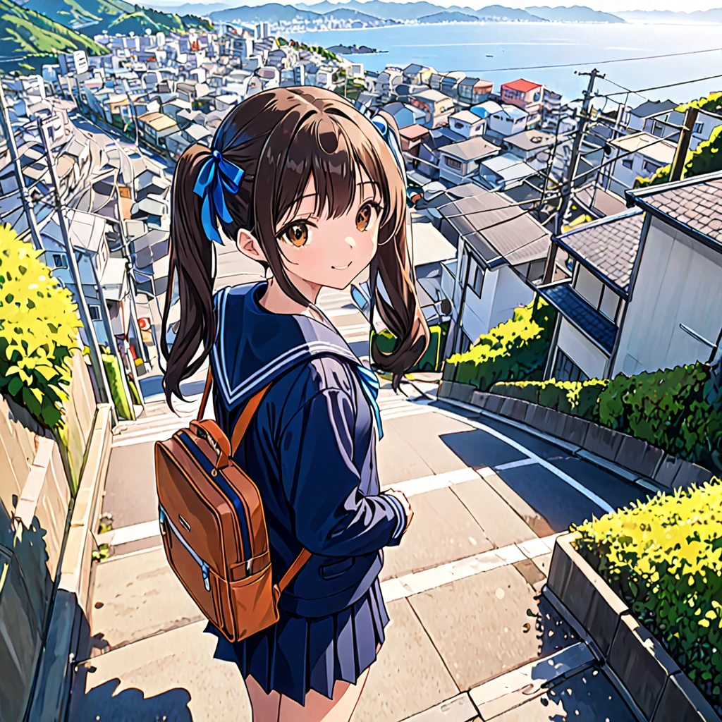 (best quality, ultra detailed, masterpiece:1.4), HD,
1girl, standing, gentle smile, 15yo,
(low twintails:1.4), low pigtails, black hair, long hair,
(navy blue sailor suit with blue ribbon:1.2), long sleeves, 
BREAK 
(dark brown eyes), (school bag on right shoulder), from front, from little above, alone, 
BREAK 
(sloped road, downhill, single street), Japan modern streets, prefectural road, residential area,
looking down the slope,
electric pole, electric cable, hill urban city,
cityscape, sea in the distance, nice view, afternoon, blue sky, orange sky, 
anime, high brightness,