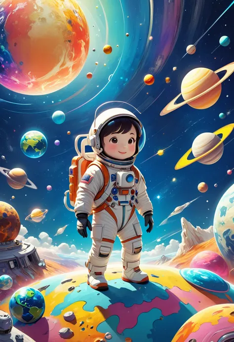 a 3d illustration of things such as a universe, astronaut, spaceship,planet, in the style of lively illustrations, childlike fig...