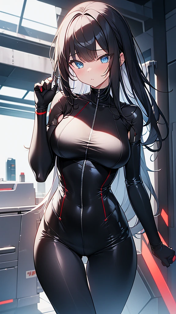 (Highly detailed CG Unity 8k wallpaper,masterpiece, Biological, whole body),(Best lighting, Best Shadow, Very delicate and beautiful),(One girl),blue eyes, Big Breasts, Black Hair,Red and black off-the-shoulder SF bodysuit,Neck Seal,High-tech sci-fi corridor, Dynamic pose, Detailed Machinery, Sleek design., {{An extraterrestrial lifeform preys on girls and takes their place、Her breasts are bigger than a real girl&#39;s}}, Unknown sensation, Feels good, Vigorous movement, more, instinct, Female fall, Shaking breasts, NSFW