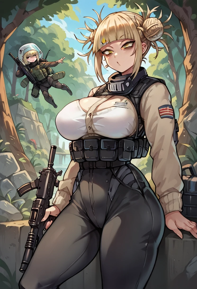 toga himiko, Women, sexy body, huge breasts, perfect breasts, small waist, big butt, long legs, sexy legs, black clothes, Military jacket military pants, Military equipment, black combat suit, bulletproof vest, holding a combat rifle, in a jungle 