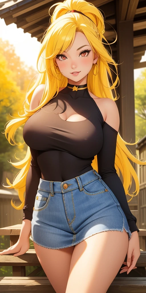 Beautiful breasts, 1 girl, ((golden yellow hair)) ((Cute girl)) red eyes, with medium breasts and thin waist, and voluptuous body, puffy clothes made of light fabric, long sleeves, denim skirt, has a bold look , cute looks, expression with sweet smile, gothic choker, Japan, in front of an old wooden house, trees and wooden stairs, house entrance, she in a leaning pose (best quality, ultra-detailed, photorealistic: 1.39), Face of naughty 18 year old teenager, bright and vibrant colors, studio lighting, romantic expression,