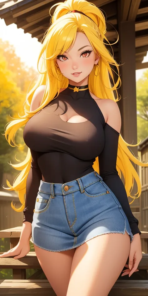 Beautiful breasts, 1 girl, ((golden yellow hair)) ((Cute girl)) red eyes, with medium breasts and thin waist, and voluptuous bod...