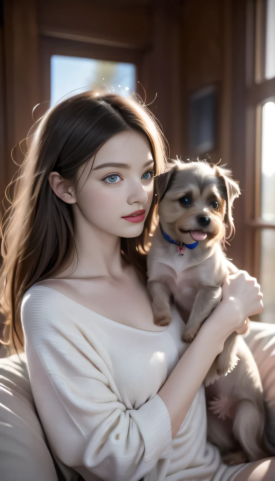 One sat with the dog, Nod, Profile picture, author：Emma Andijewska, joey king, Mackenzie Foy, With the dog, Selfie of a dog, Bae Suzy, lucy hale, [ Realistic photos ]!!, Holding her Yorkshire terrier, Very very low quality image, Shot with iPhone 1 3 Pro