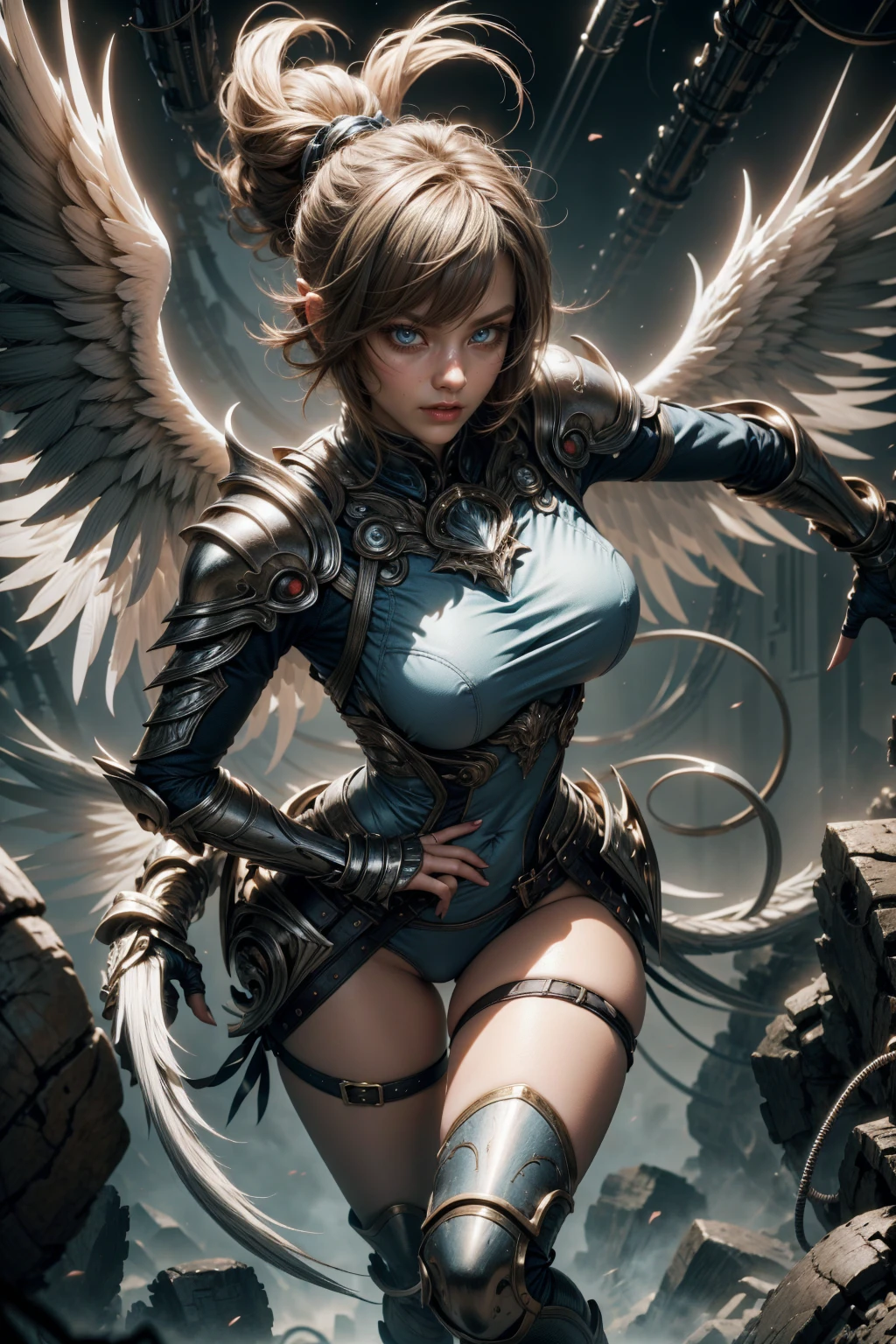 angelic woman, blue color, bluish armor, standing sexy with glasses, tomboy short hair, and white wings, movement pose, fully body, hands on breasts
