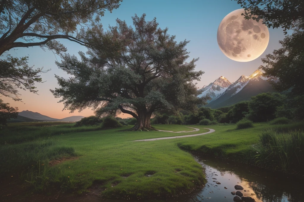 (Very beautiful epic breathtaking landscape), (very beautiful and very strange tree), (Photorealistic,Ultra realistic, Best quality), (A fascinating sight), (Incredible), (inexplicable), amazing tree, (the full moon illuminates it), (ultra detailed photo, HDR, uhd, 16K), (ultra detailed landscape), hyperdetailing, super detailed photo, (scenic professional photography, Raw photo), realistic