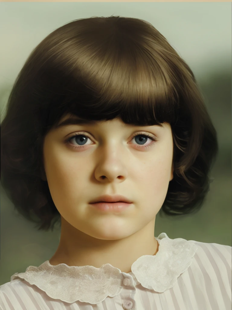 Enhance and restore this old photo of a 6 year old girl. Make same physiognomy. Same appearance. Same person. Same easy expression. The same girl as in the attached image. High definition. Maximum realism. Realistic peeling. Real and professional photo. Improve photo appearance. Highly realistic photo. Realistic hair. Realistic eyes. Realistic skin. Realistic nose. Realistic mouth. Realistic lips. Realistic skin texture. Realistic face.