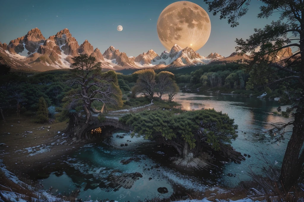 (Very beautiful epic breathtaking landscape), (very beautiful and very strange tree), (Photorealistic,Ultra realistic, Best quality), (A fascinating sight), (Incredible), (inexplicable), amazing tree, (the full moon illuminates it), (ultra detailed photo, HDR, uhd, 16K), (ultra detailed landscape), hyperdetailing, super detailed photo, (scenic professional photography, Raw photo), realistic