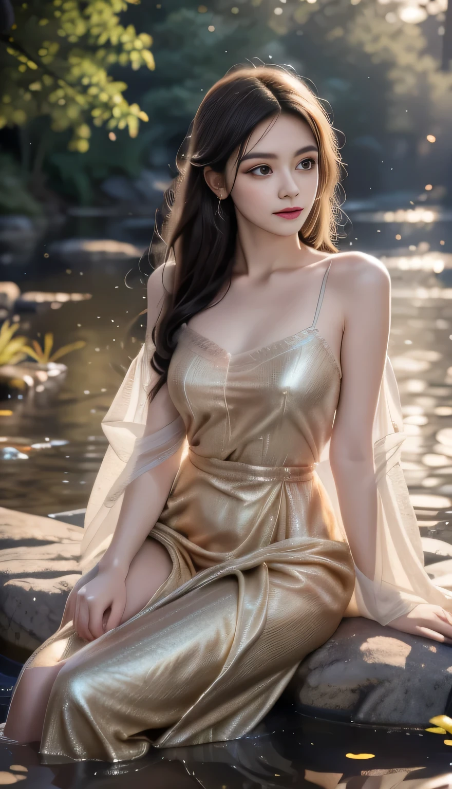 Arav woman in dress sitting on rock，Looking at the pond, Vague beauty, dreamy and Vague, Wearing a tulle gold dress, Vague fairytale, Vague and dreamy, Vague!!!!!!!, Beautiful flowing fabrics, very Vague, Flowing robe, Dreamy long exquisite dress, this is beautiful, Vague!!!, Vague details, floating dress