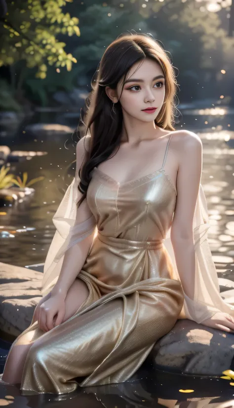 Arav woman in dress sitting on rock，Looking at the pond, Vague beauty, dreamy and Vague, Wearing a tulle gold dress, Vague fairy...