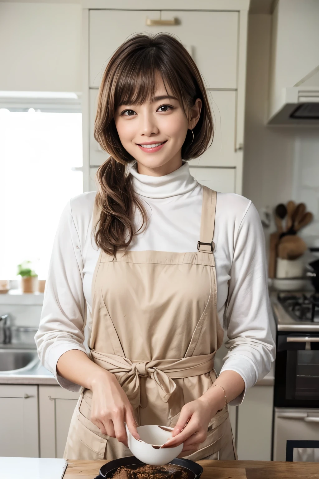 Browsing Caution:1.1、Active women, smile、Age: 40 years old, Mature Woman, Bake cookies in a sunny kitchen, Surrounded by flour, Stir the bowl,Japanese、Black long sleeve turtleneck、huge 、short hair、Black-haired、Wearing a white apron、Long bangs、