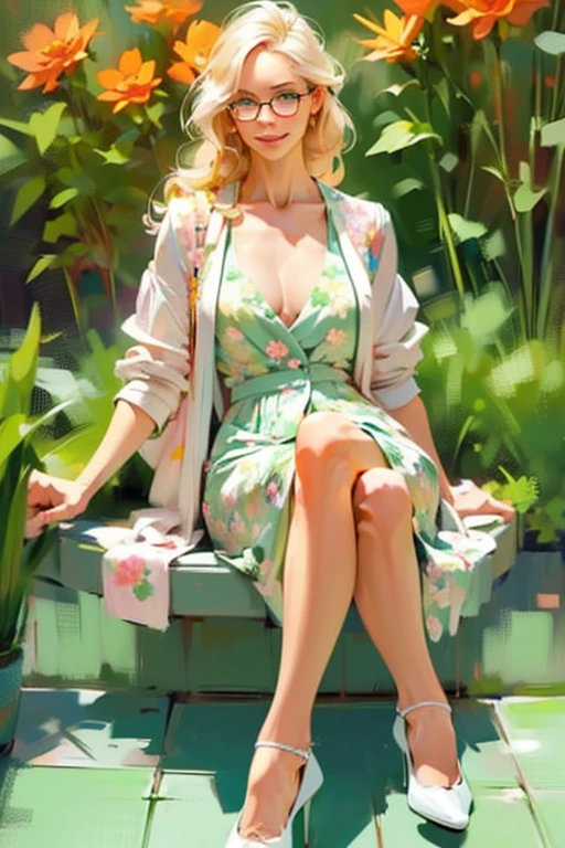 (sitting, crossed legs:1.3),(realistic illustration). cute 27 yo blonde Caucasian woman with green eyes. Sexy (chubby:0.7) figure, natural breasts, beautiful ass. ((charming smile)). Eyeglasses, cardigan, floral print sundress, high heels, Masterpiece, (highly detailed:1.2),(detailed face and eyes:1.2), 8k wallpaper, Moody lighting. core shadows, high contrast, bokeh.