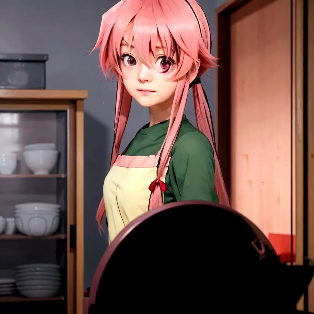 anime girl with pink hair and green shirt standing in kitchen, mirai nikki, still from tv anime, today's featured anime still, s...