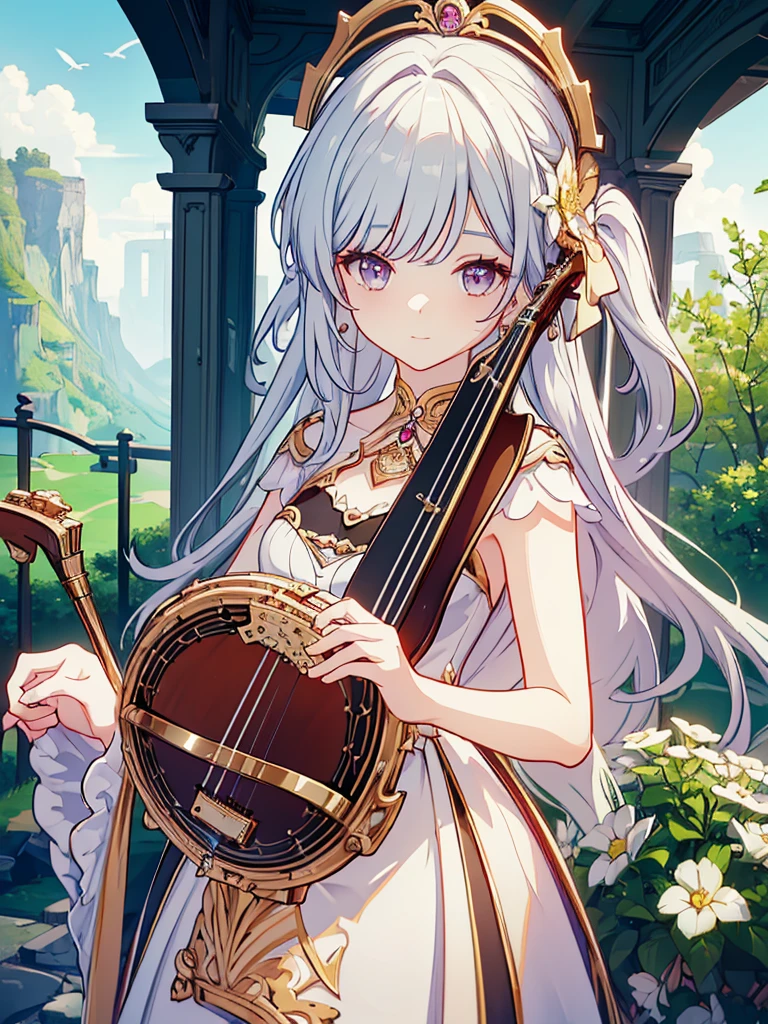 ((Best quality, A high resolution, Masterpiece:1.2)) ,(Clear facial features), ((Best quality, A high resolution)) ,(Clear facial features), a beautiful girl, a bard, play her lyre, landscape