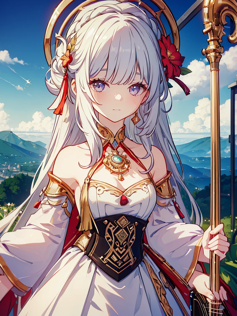 ((Best quality, A high resolution, Masterpiece:1.2)) ,(Clear facial features), ((Best quality, A high resolution)) ,(Clear facial features), a beautiful girl, a bard, play her lyre, landscape