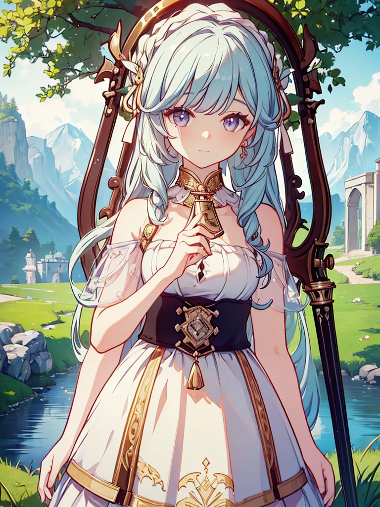 ((Best quality, A high resolution, Masterpiece:1.2)) ,(Clear facial features), ((Best quality, A high resolution)) ,(Clear facial features), a beautiful girl, a bard, play her lyre, landscape