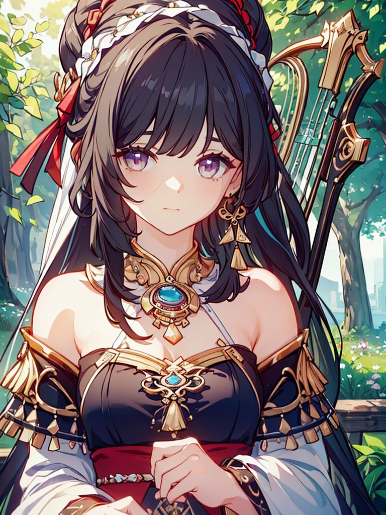 ((Best quality, A high resolution, Masterpiece:1.2)) ,(Clear facial features), ((Best quality, A high resolution)) ,(Clear facial features), a beautiful girl, a bard, play her lyre, landscape