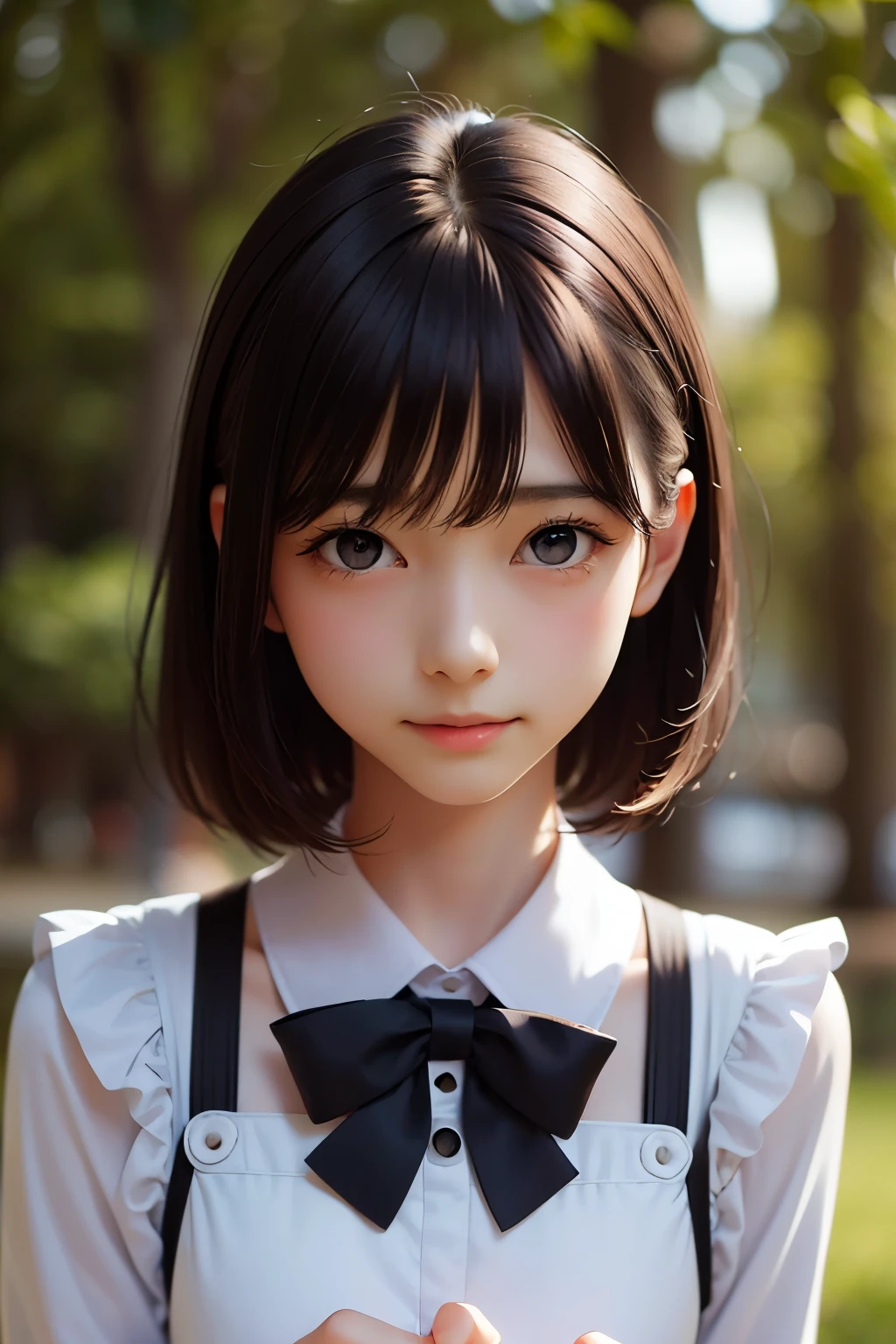 detailed face, cute face, ((masterpiece, Highest quality)), (One girl), (alone), (Focus on women), night (Chainsaw Man),(Highly detailed face, The real picture, Realistic white skin, Realistic body, Intricate details), Upper Body, Severe , Brown eyes, Looking at the audience, bandage over the body, Black Hair, Long sleeve shirt, Pinafore dress, Black tie, bandage, bandage, Small breasts