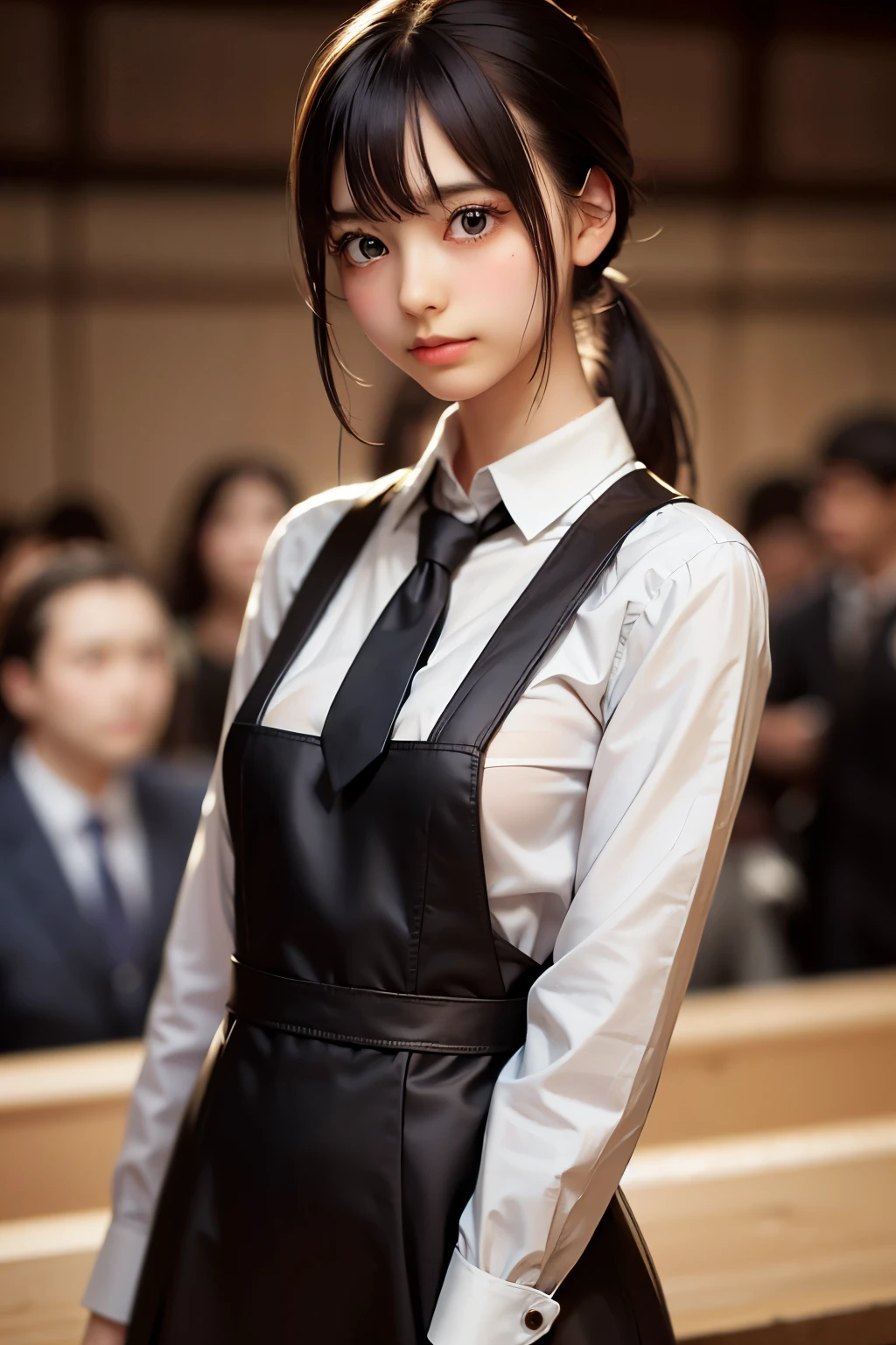 detailed face, cute face, ((masterpiece, Highest quality)), (One girl), (alone), (Focus on women), night (Chainsaw Man),(Highly detailed face, The real picture, Realistic white skin, Realistic body, Intricate details), Upper Body, Severe , Brown eyes, Looking at the audience, bandage over the body, Black Hair, Long sleeve shirt, Pinafore dress, Black tie, bandage, bandage, Small breasts