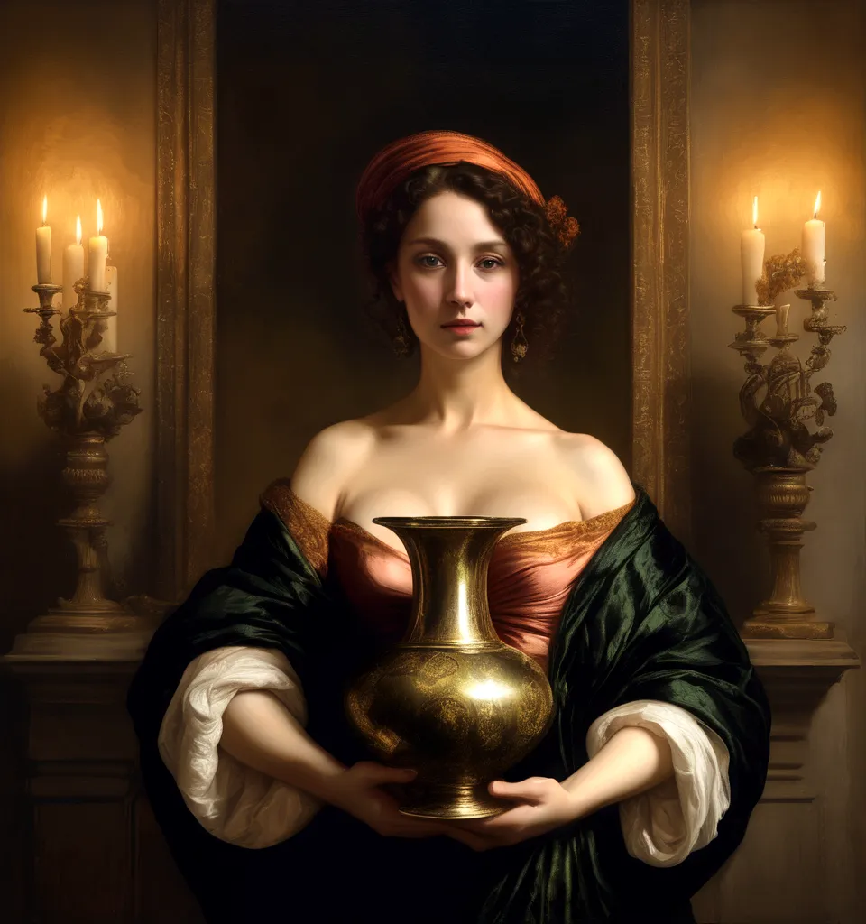 nude woman holding a vase in her hands, exhibitionism, baroque style, Renaissance painting, lights and colors in the style of Rembrandt, dark backgrounds, antique painting effect, all details
