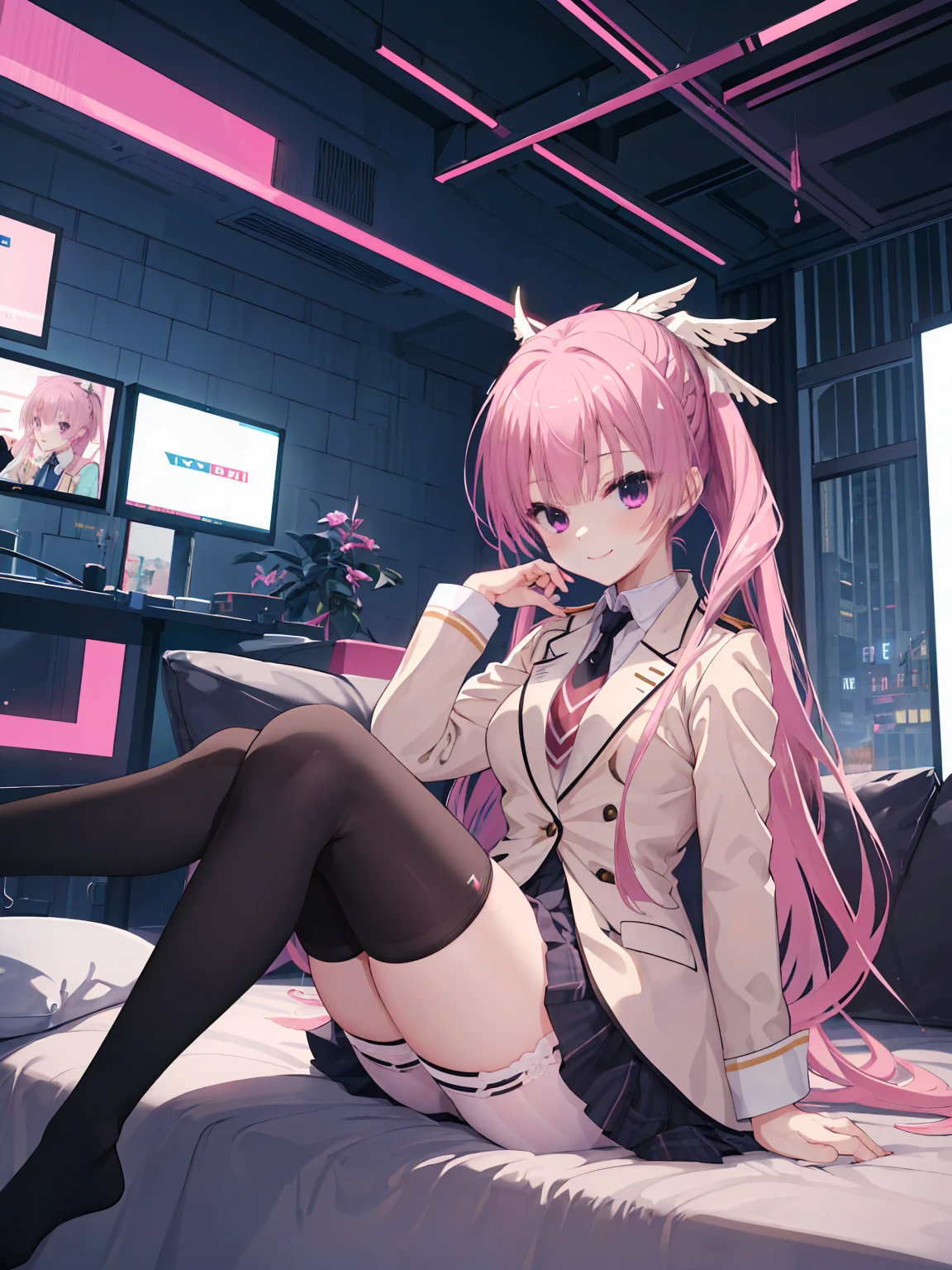 A girl，独奏，Pink long hair，happy，Smile，Medium long hair，Dissemination，kikka academy uniform,((White stockings)), highres, absurdres，Black underwear,City background，cyberpunk, Anime style 4k, Sitting on the sofa，indoors，In the bedroom，Mitsukasa Ayase、Character-centered