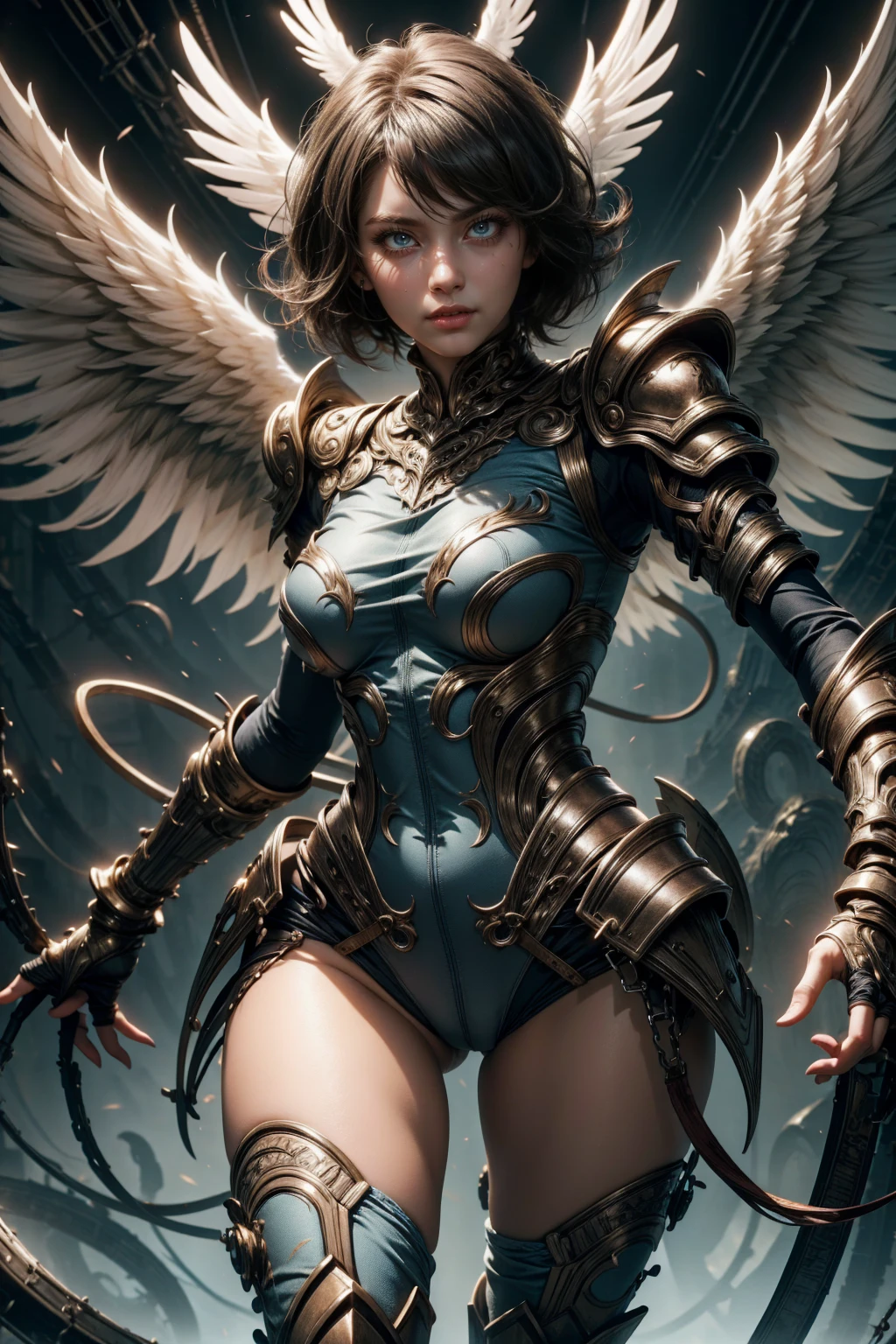 Engelhafte Frau, blaue Farbe, bläuliche Rüstung, sexy stehend mit Brille, Wildfang kurze Haare, und weißen Flügeln, Bewegungspose, Ganzkörper, Hände auf Brüsten
