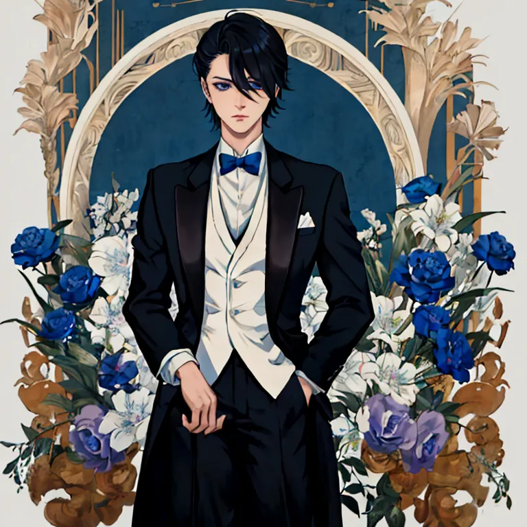 blue eyes、hitman、animated image of a man in a tuxedo standing on the street, a delicate androgynous prince, inspired by hisui su...