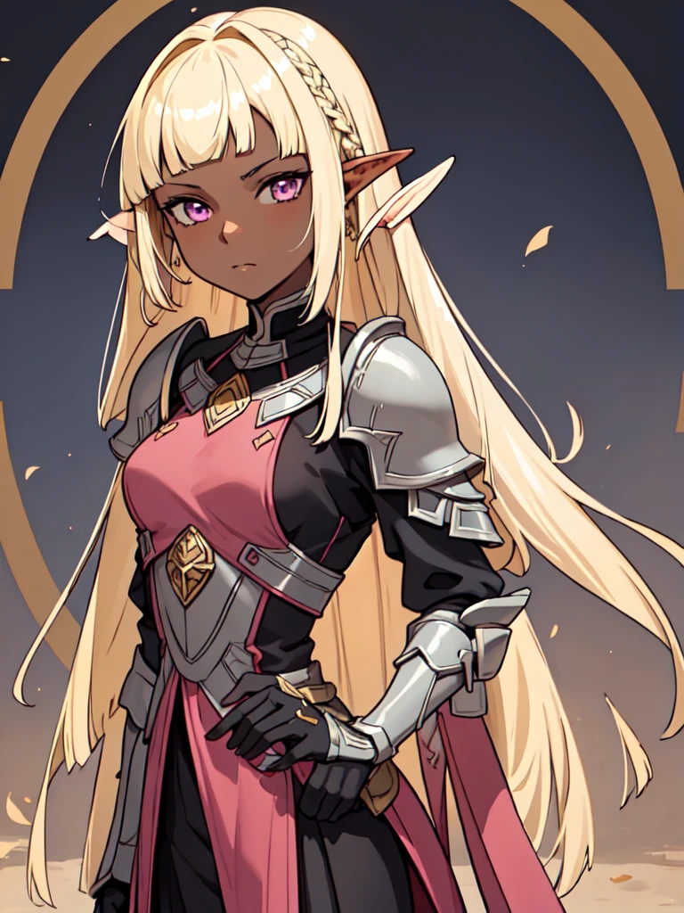 masterpiece, best quality, portrait, 1girl, dark skin, dark-skinned_female, dark_skin, blonde_hair, yellow hair, short hair, pink eyes, full armor, elf ear,  Straight hair, ((Straight bangs:1.5)),