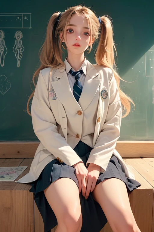 (((best qualityer), (hyper realist), mh-yk, 1 , alone, blackquality hair, eyes browns, long  hair, wearing private university uniform, blue blazer style with buttons, tie and tight skirt followed by knee socks,, big fit ass,, twintails, plein-air, hair rings, gazing at viewer, university anatomy club scene, de pé encostada na loja gazing at viewer, sweet look, inside a closed room with a blackboard behind full of drawings of the human body