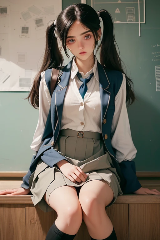 (((best qualityer), (hyper realist), mh-yk, 1 , alone, blackquality hair, eyes browns, long  hair, wearing private university uniform, blue blazer style with buttons, tie and tight skirt followed by knee socks,, big fit ass,, twintails, plein-air, hair rings, gazing at viewer, university anatomy club scene, de pé encostada na loja gazing at viewer, sweet look, inside a closed room with a blackboard behind full of drawings of the human body