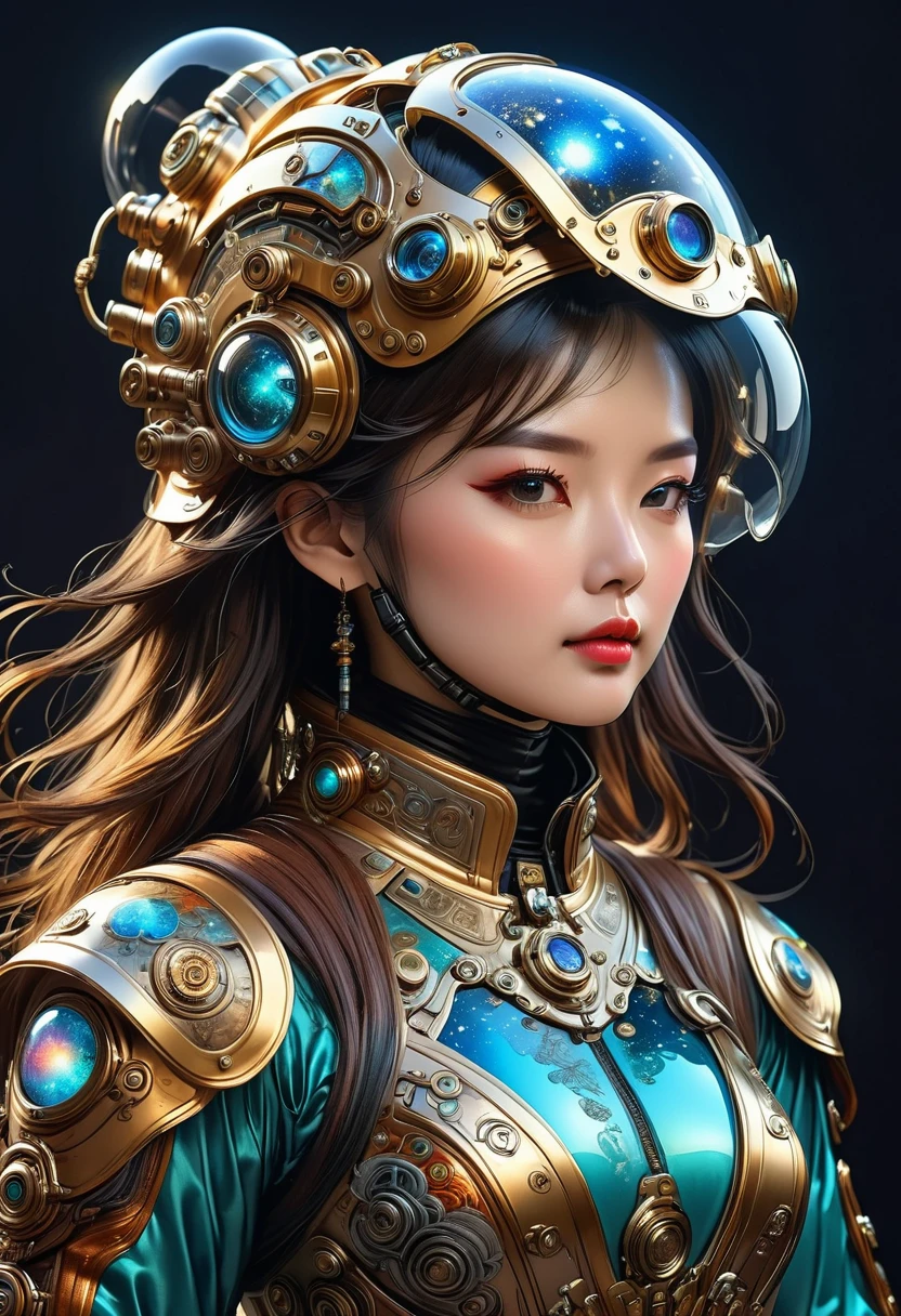 high quality detailed illustration, steampunk spacesuit, intricate glass helmet, intricate ornate chinese inspired spacesuit, complex traditional chinese design elements, high tech futuristic spacesuit, (best quality,4k,8k,highres,masterpiece:1.2),ultra-detailed,(realistic,photorealistic,photo-realistic:1.37),professional, vivid colors, studio lighting