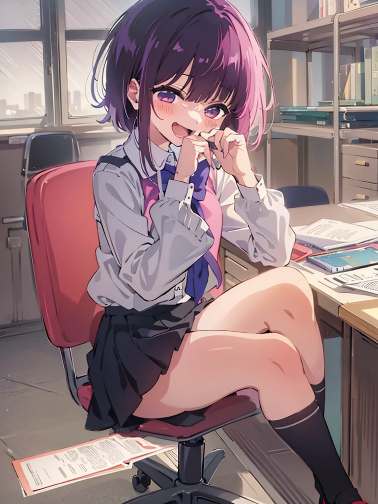 (((Anime Style,Arima Kana,1 person,uniform,classroom,Sit cross-legged at a desk,blush,Laughter,touch))),((Shooting from below,Black knee socks,Black underwear,Panty shot,Shot in close-up))