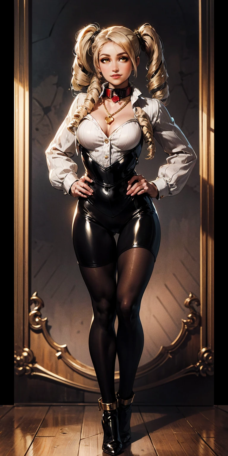 1solo Milf full body standing straight symmetrical, looking at viewer, hands on hips, twin drills twintails, striped pantyhose, golden handcuffs on their hands with a black leather collar around the golden heart necklace, hands on hips, lustful smirking smile face red blushed 