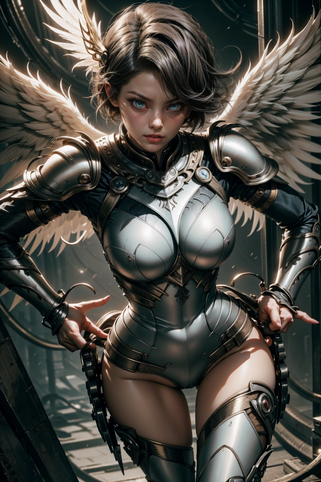 angelic woman, blue color, bluish armor, standing sexy with glasses, tomboy short hair, and white wings, movement pose, fully body, hands on breasts
