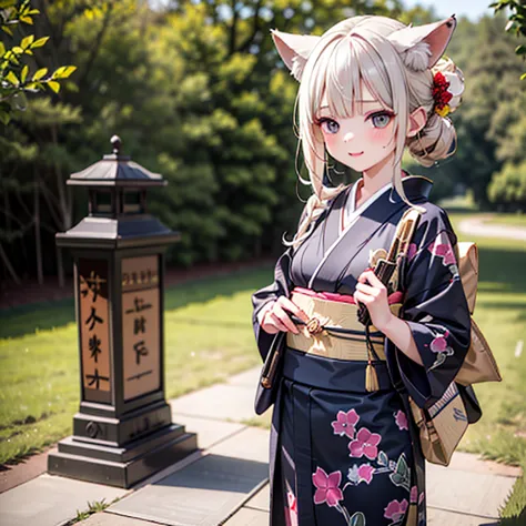 (Fox Girl, Fox Ears, Silver Hair, Fox Makeup, One Girl, Long Hair:1.6), (kimono, Kimono with open chest, A beautiful kimono with...