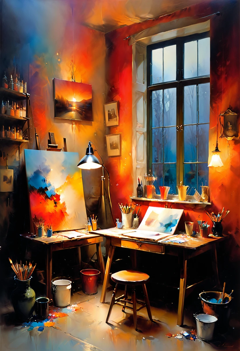 El estudio del artista al anochecer. Los lienzos y las pinturas están en todas partes.. Los tubos de pintura están esparcidos sobre la mesa.. Una sola lámpara emite una luz cálida., enfatiza la atmósfera mística