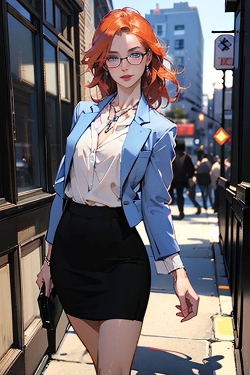 (sexy, confident),Walking city sidewalk, on her way to work.(rule of thirds),((ultra realistic illustration:1.2)), Tall, slender ((redhead)) woman of Irish descent. (pale:1.3)complexion. blue eyes, cute butt, nice legs. Kind eyes, cute smile. Eyeglasses, Mascara, eye shadow, blush, necklace, gray blazer and pencil skirt, blouse, (tan color RealPantyhose:1), stiletto heels. in bedroom. Masterpiece, (highly detailed:1.2),(detailed face and eyes:1.2), 8k wallpaper, natural lighting. core shadows, high contrast, bokeh.